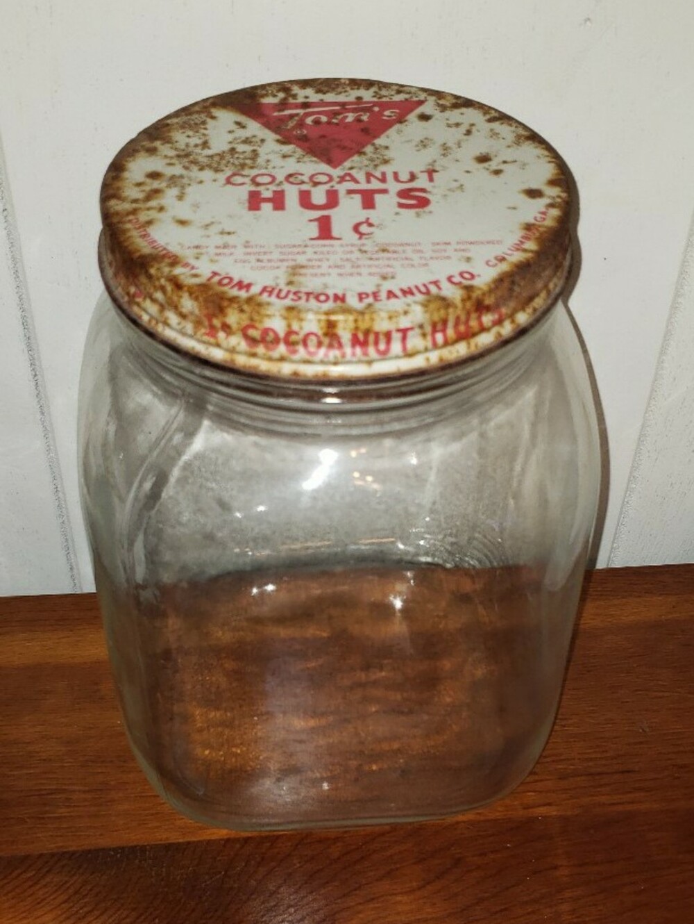 Vintage/Antique Tom's Cocanut Huts 1 Cent Hazel Atlas Glass Jar